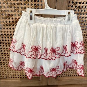 LoveShackFancy White Mini Skirt with Red Embroidery